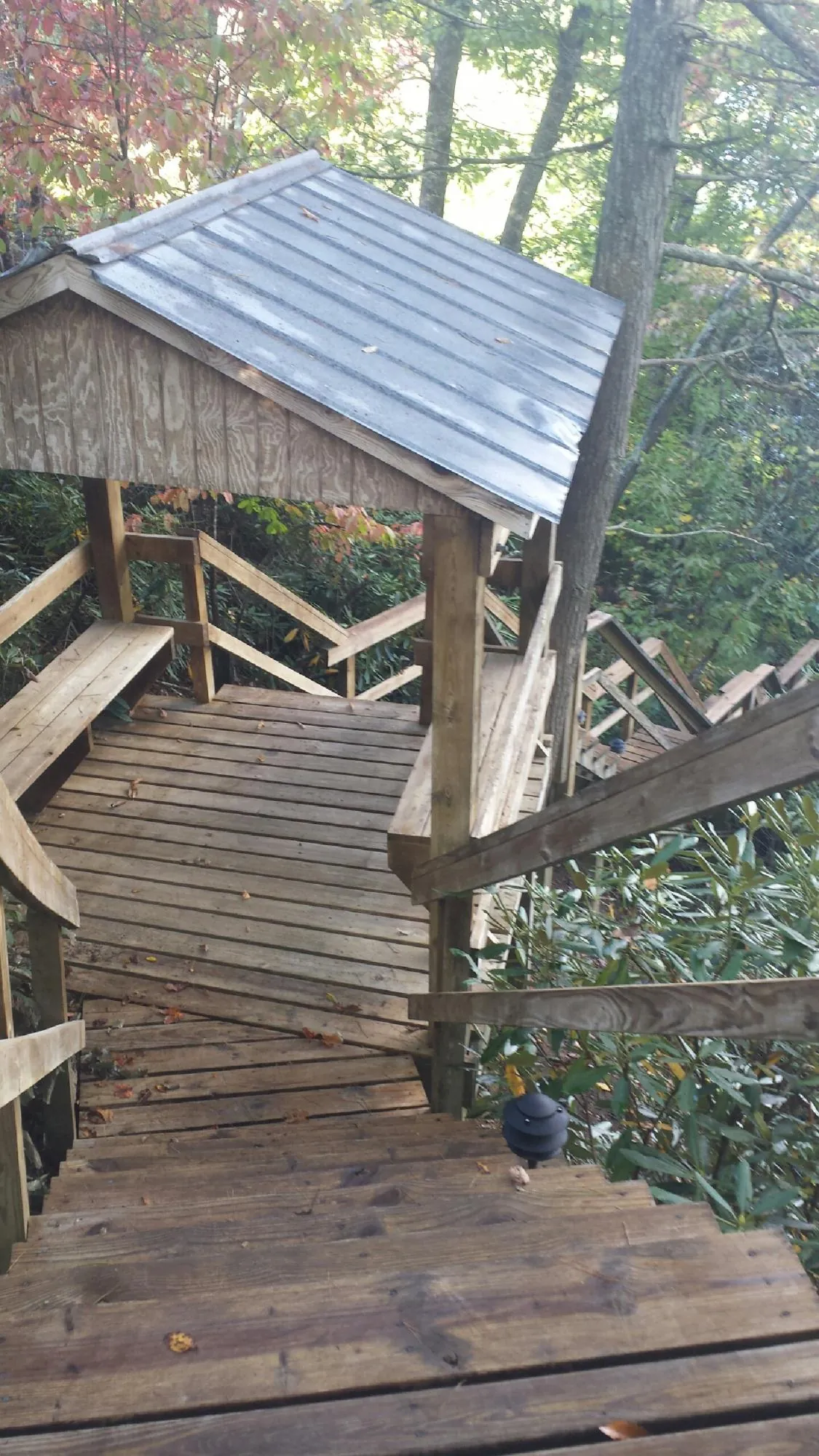 Metal roofed shelter over wooden steps on a wooded walkway — Skylight Repair & Installation work by our crew in Elmo